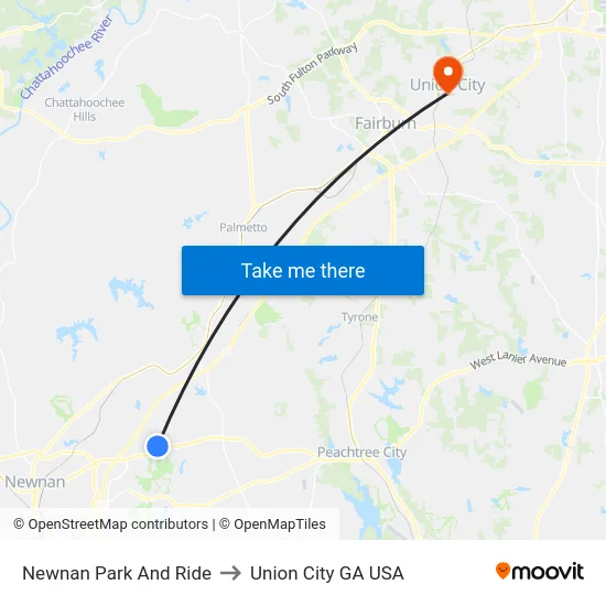 Newnan Park And Ride to Union City GA USA map