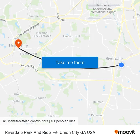 Riverdale Park And Ride to Union City GA USA map