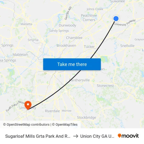 Sugarloaf Mills Grta Park And Ride to Union City GA USA map