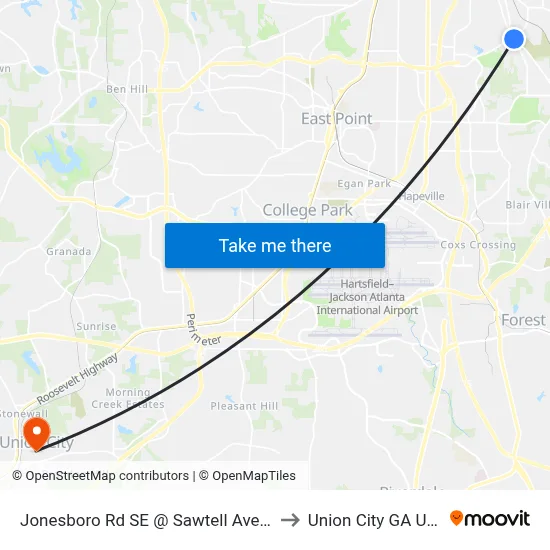 Jonesboro Rd SE @ Sawtell Ave SE to Union City GA USA map