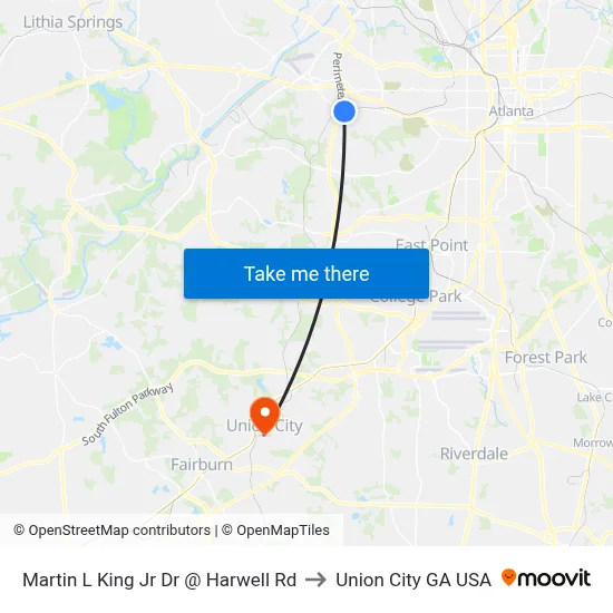 Martin L King Jr Dr @ Harwell Rd to Union City GA USA map