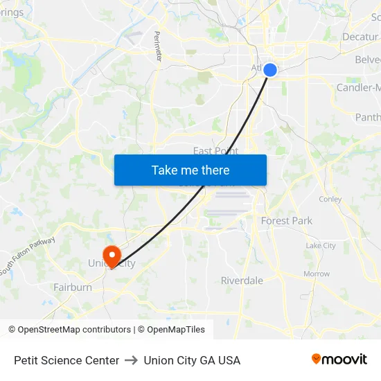 Petit Science Center to Union City GA USA map