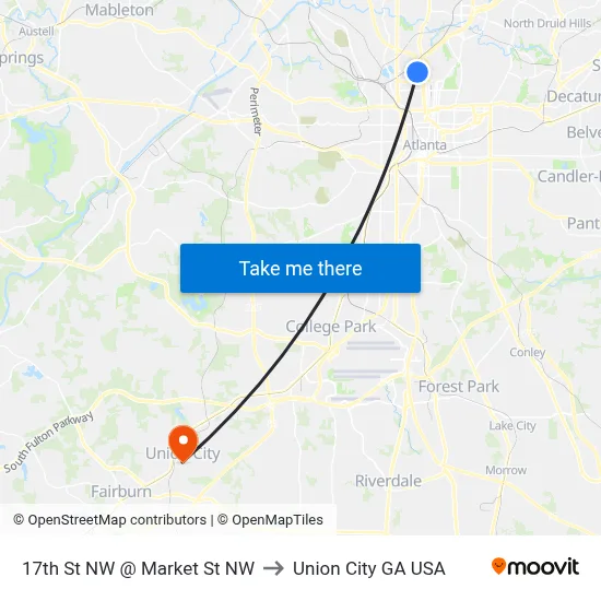 17th St NW @ Market St NW to Union City GA USA map