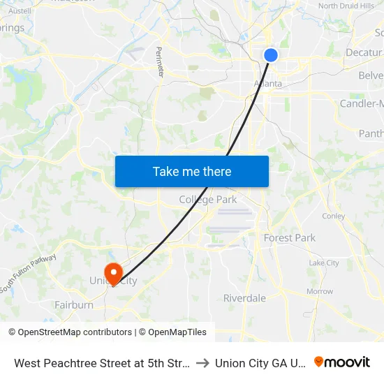 West Peachtree Street at 5th Street to Union City GA USA map