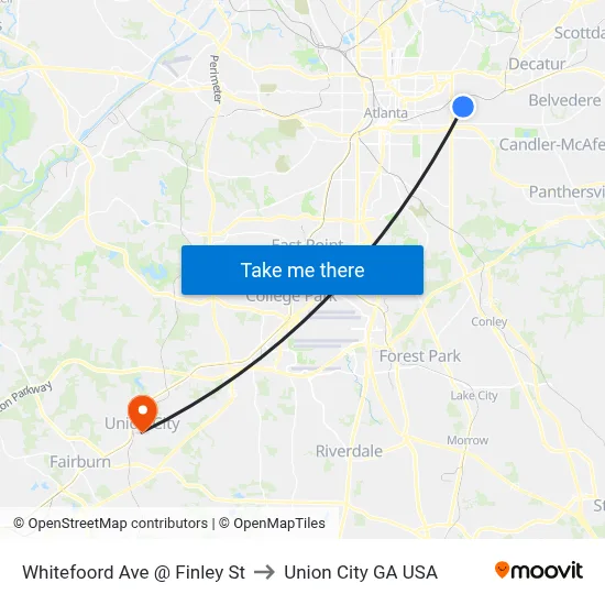Whitefoord Ave @ Finley St to Union City GA USA map