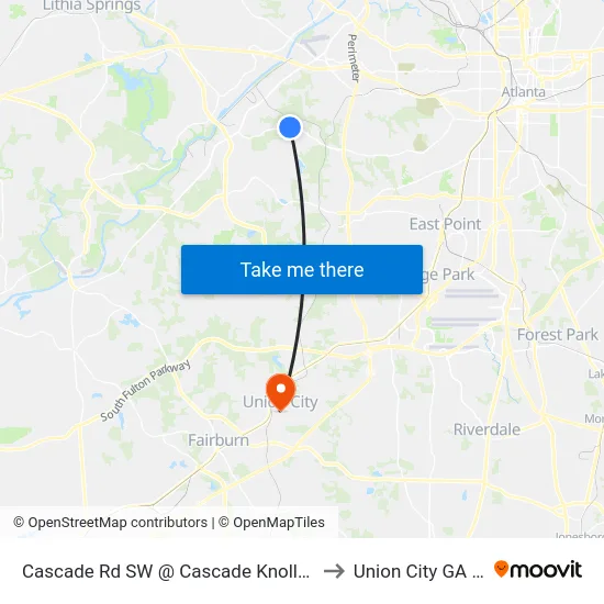 Cascade Rd SW @ Cascade Knolls Dr SW to Union City GA USA map