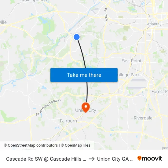 Cascade Rd SW @ Cascade Hills Dr SW to Union City GA USA map