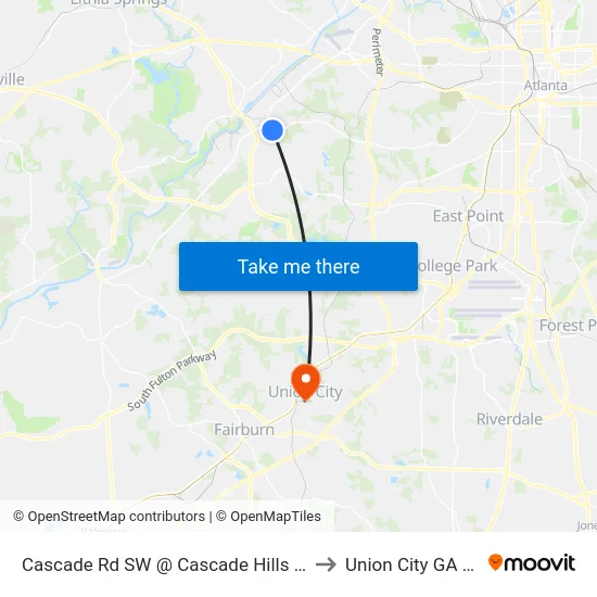 Cascade Rd SW @ Cascade Hills Dr SW to Union City GA USA map