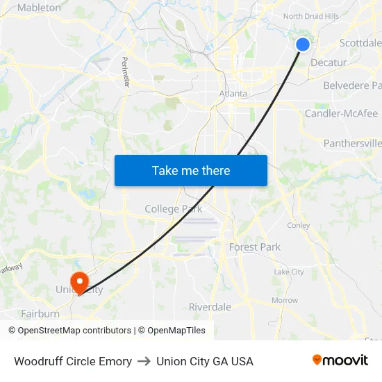 Woodruff Circle Emory to Union City GA USA map