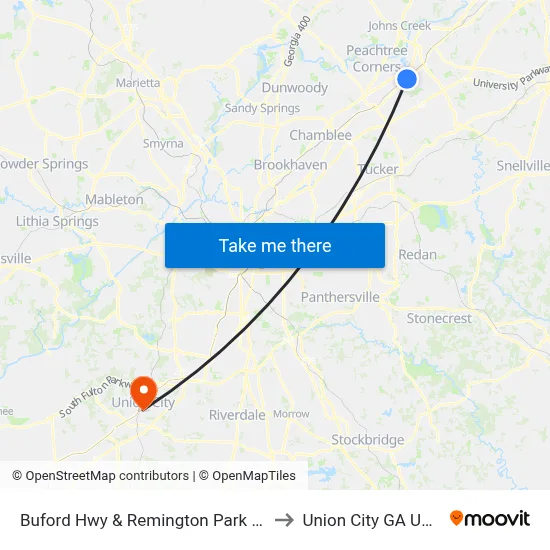 Buford Hwy & Remington Park Ct to Union City GA USA map