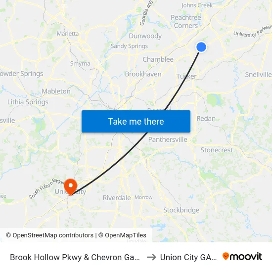 Brook Hollow Pkwy & Chevron Gas Station to Union City GA USA map