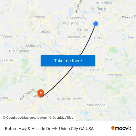 Buford Hwy & Hillside Dr to Union City GA USA map