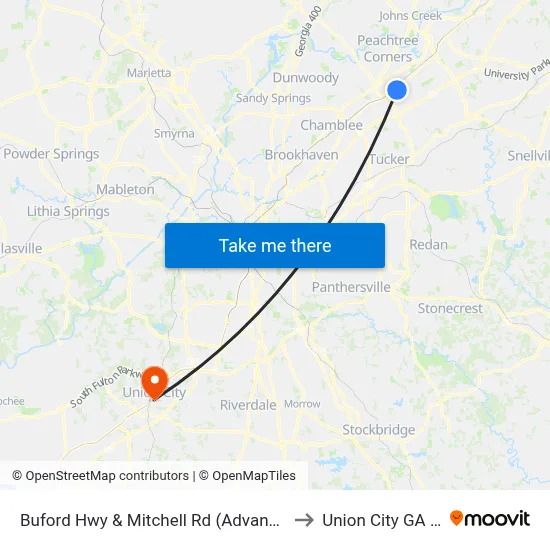Buford Hwy & Mitchell Rd (Advance Auto) to Union City GA USA map