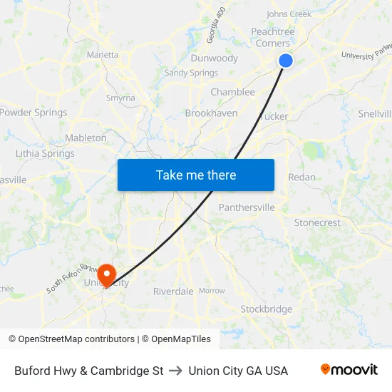 Buford Hwy & Cambridge St to Union City GA USA map