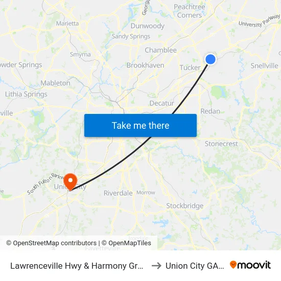 Lawrenceville Hwy & Harmony Grove Rd Ib to Union City GA USA map