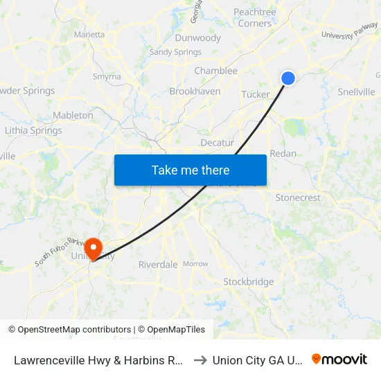 Lawrenceville Hwy & Harbins Rd Ib to Union City GA USA map