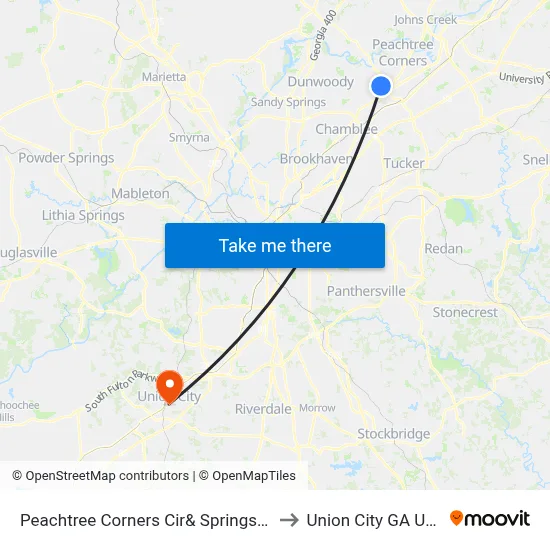 Peachtree Corners Cir& Springs Ln to Union City GA USA map