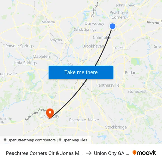 Peachtree Corners Cir & Jones Mill Spur to Union City GA USA map