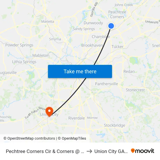 Pechtree Corners Cir & Corners @ 1700 Ap to Union City GA USA map