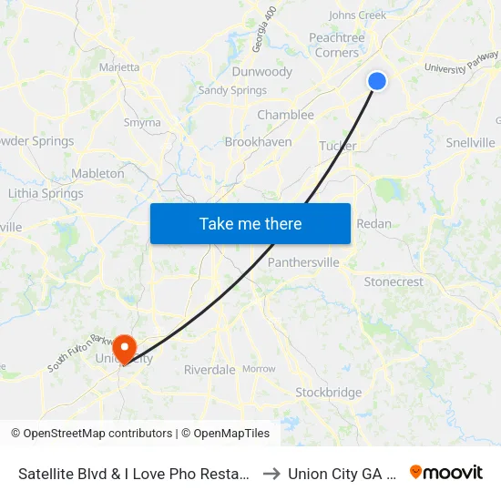 Satellite Blvd & I Love Pho Restaurant I to Union City GA USA map