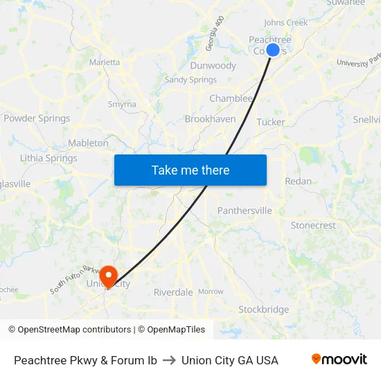 Peachtree Pkwy & Forum Ib to Union City GA USA map