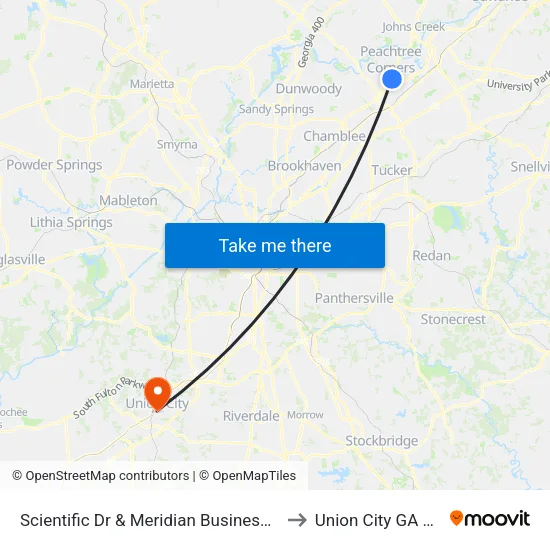 Scientific Dr & Meridian Business Plza to Union City GA USA map