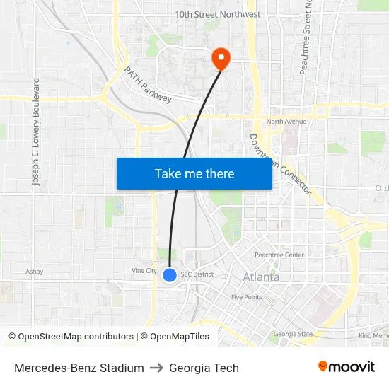 Mercedes-Benz Stadium to Georgia Tech map