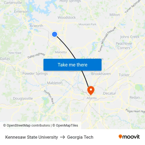 Kennesaw State University to Georgia Tech map