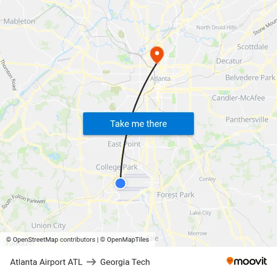 Atlanta Airport ATL to Georgia Tech map