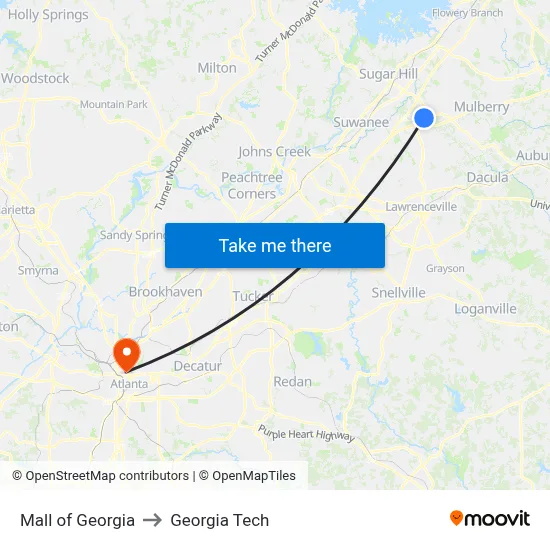 Mall of Georgia to Georgia Tech map