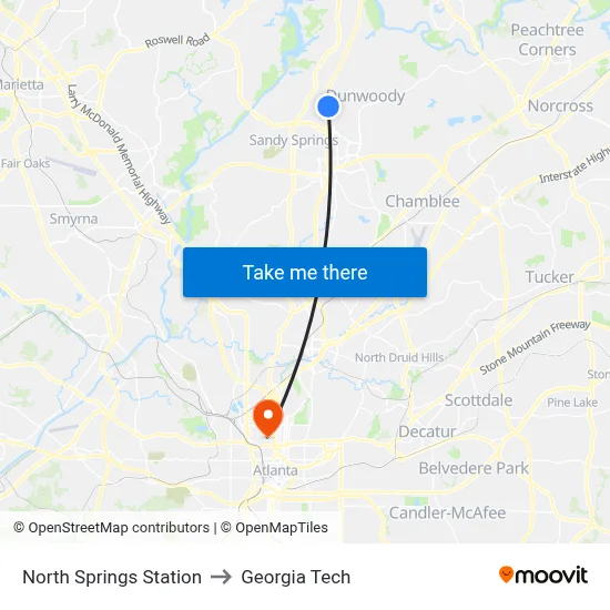 North Springs Station to Georgia Tech map