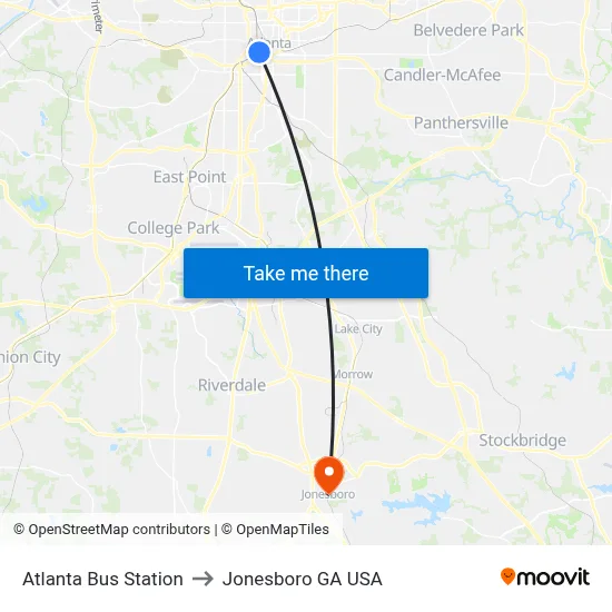 Atlanta Bus Station to Jonesboro GA USA map