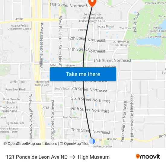 121 Ponce de Leon Ave NE to High Museum map