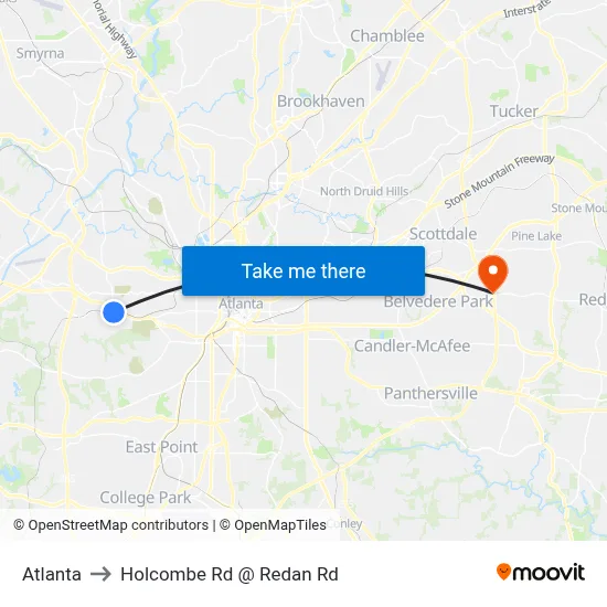Atlanta to Holcombe Rd @ Redan Rd map