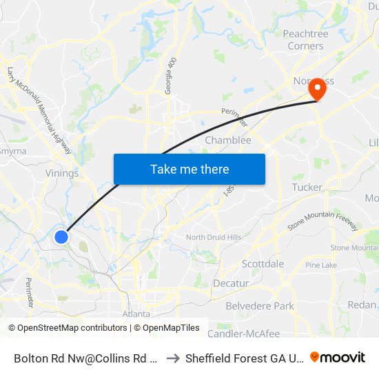Bolton Rd Nw@Collins Rd NW to Sheffield Forest GA USA map