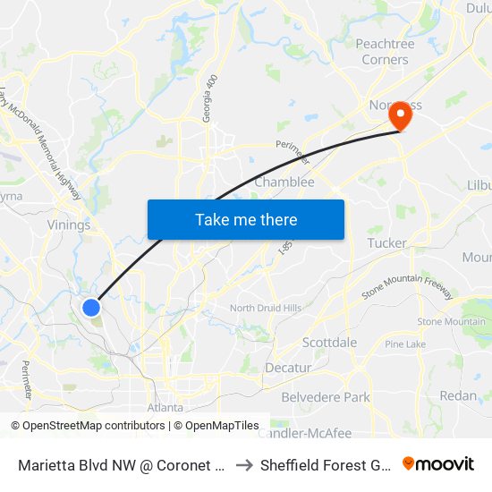 Marietta Blvd NW @ Coronet Way NW to Sheffield Forest GA USA map