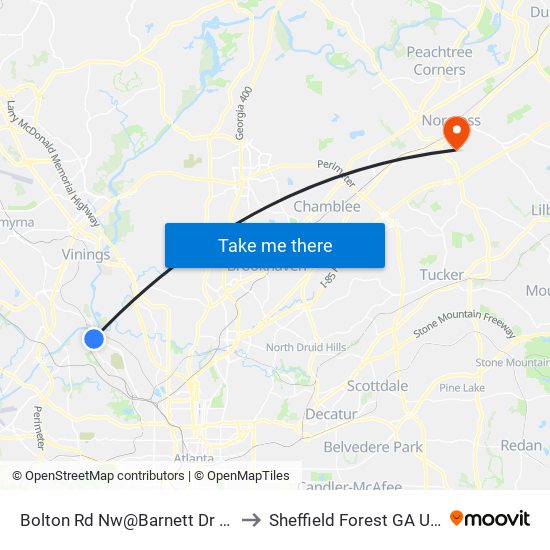 Bolton Rd Nw@Barnett Dr NW to Sheffield Forest GA USA map