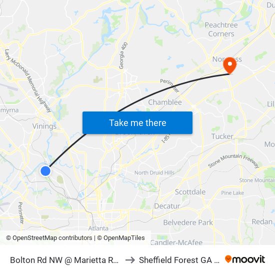 Bolton Rd NW @ Marietta Rd NW to Sheffield Forest GA USA map