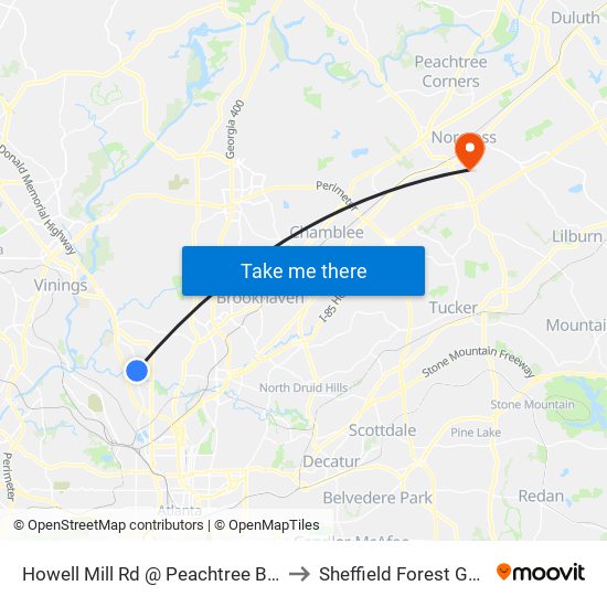 Howell Mill Rd @ Peachtree Battle Av to Sheffield Forest GA USA map