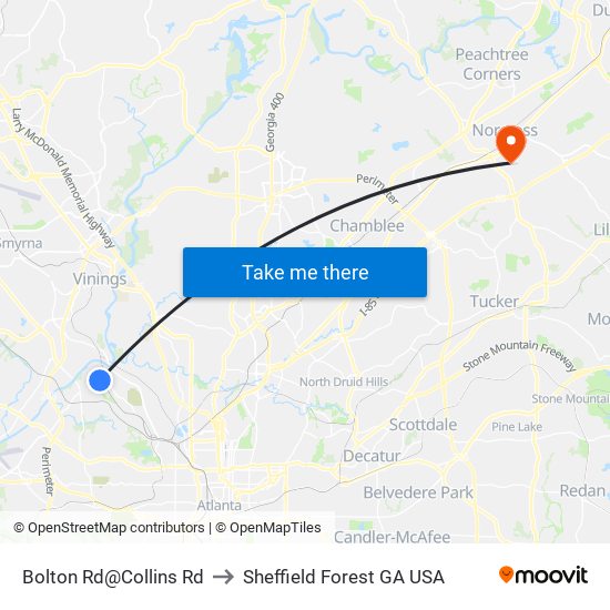 Bolton Rd@Collins Rd to Sheffield Forest GA USA map