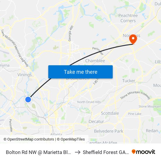 Bolton Rd NW @ Marietta Blvd NW to Sheffield Forest GA USA map