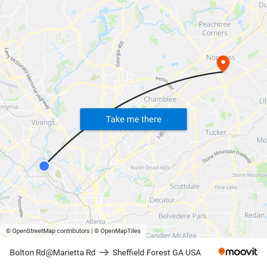 Bolton Rd@Marietta Rd to Sheffield Forest GA USA map