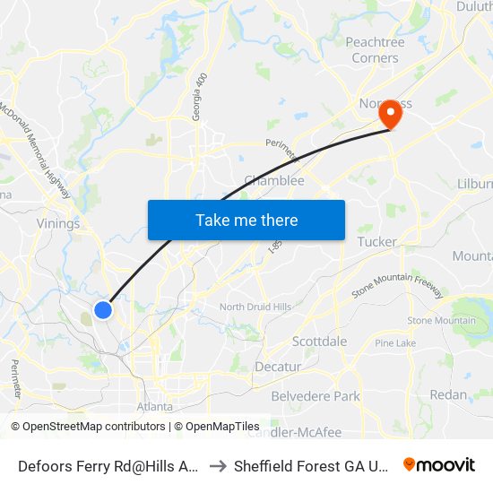Defoors Ferry Rd@Hills Ave to Sheffield Forest GA USA map