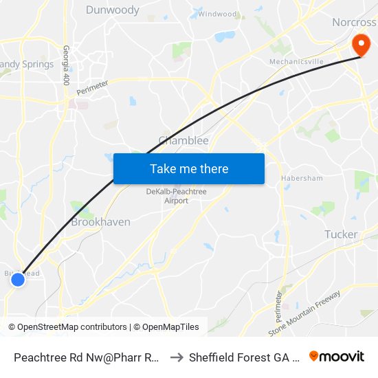 Peachtree Rd Nw@Pharr Rd NW to Sheffield Forest GA USA map