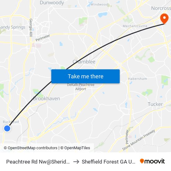 Peachtree Rd Nw@Sheridan to Sheffield Forest GA USA map