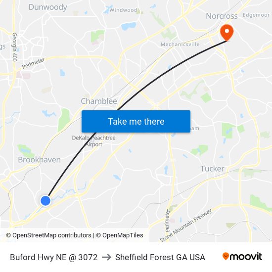 Buford Hwy NE @ 3072 to Sheffield Forest GA USA map