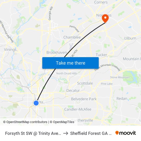 Forsyth St SW @ Trinity Ave SW to Sheffield Forest GA USA map