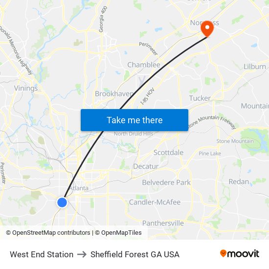 West End Station to Sheffield Forest GA USA map