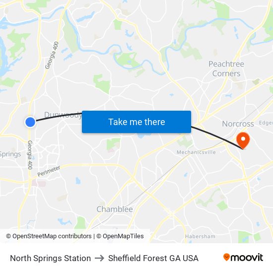 North Springs Station to Sheffield Forest GA USA map