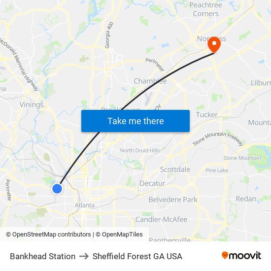 Bankhead Station to Sheffield Forest GA USA map